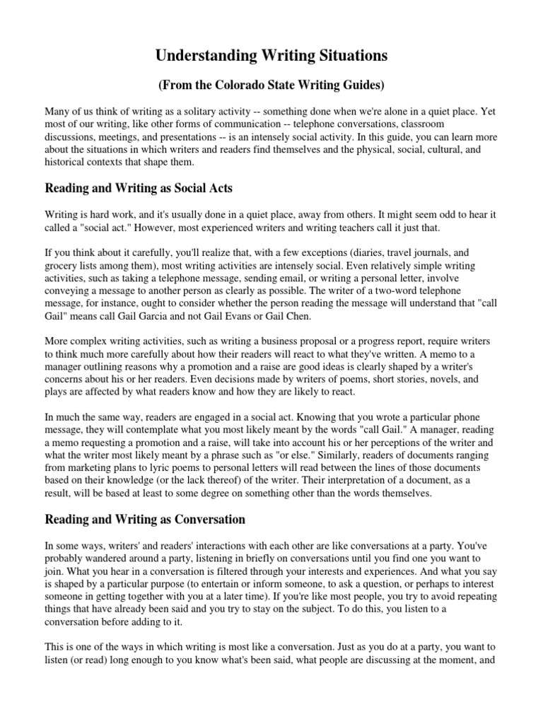 Understanding Writing Situations | PDF | Conversation | Reading (Process)