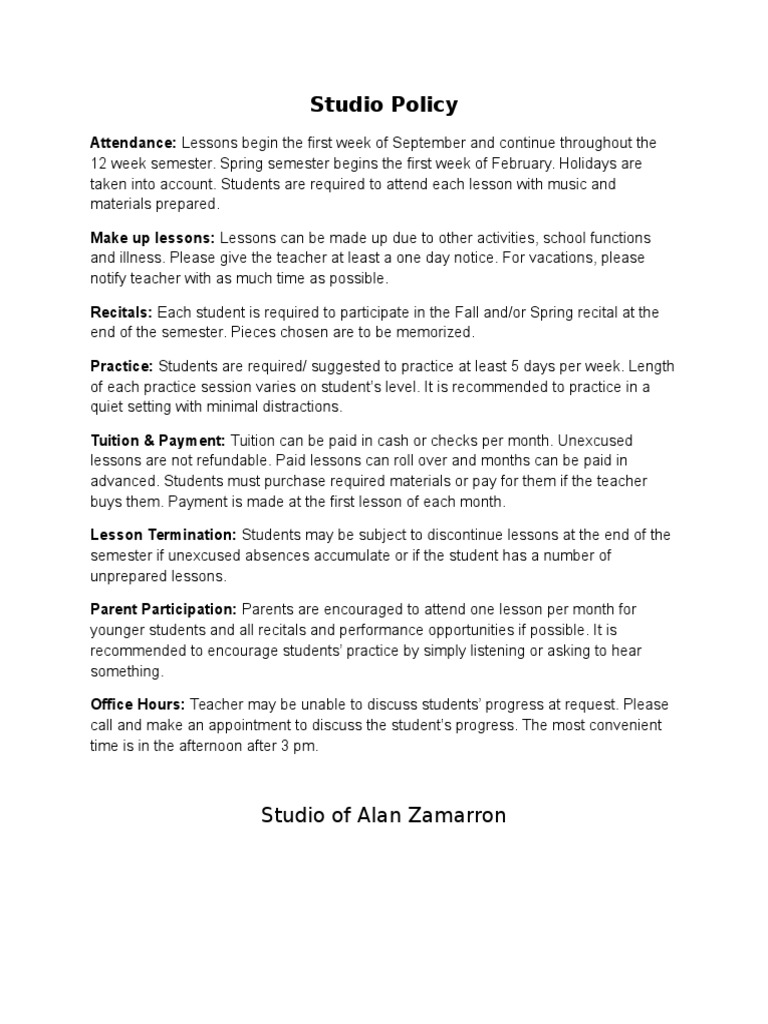 Studio Policies Overview | PDF | Language Arts & Discipline | Wellness