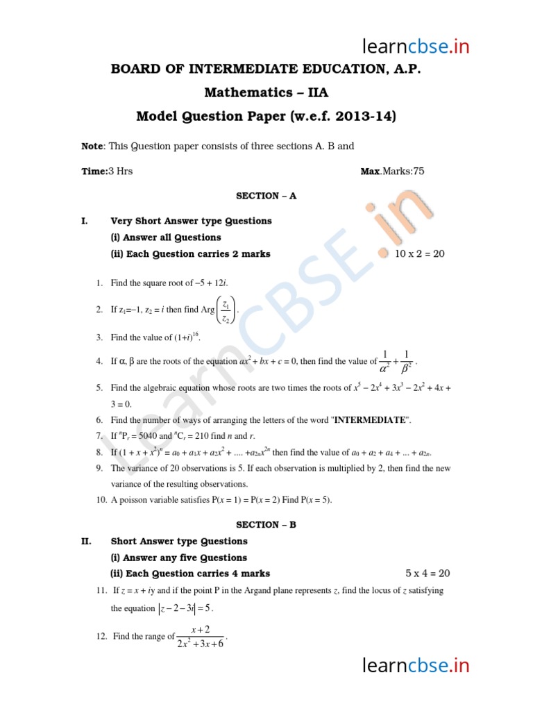 Class 11 Mathematics Model Paper | PDF | Variance | Equations