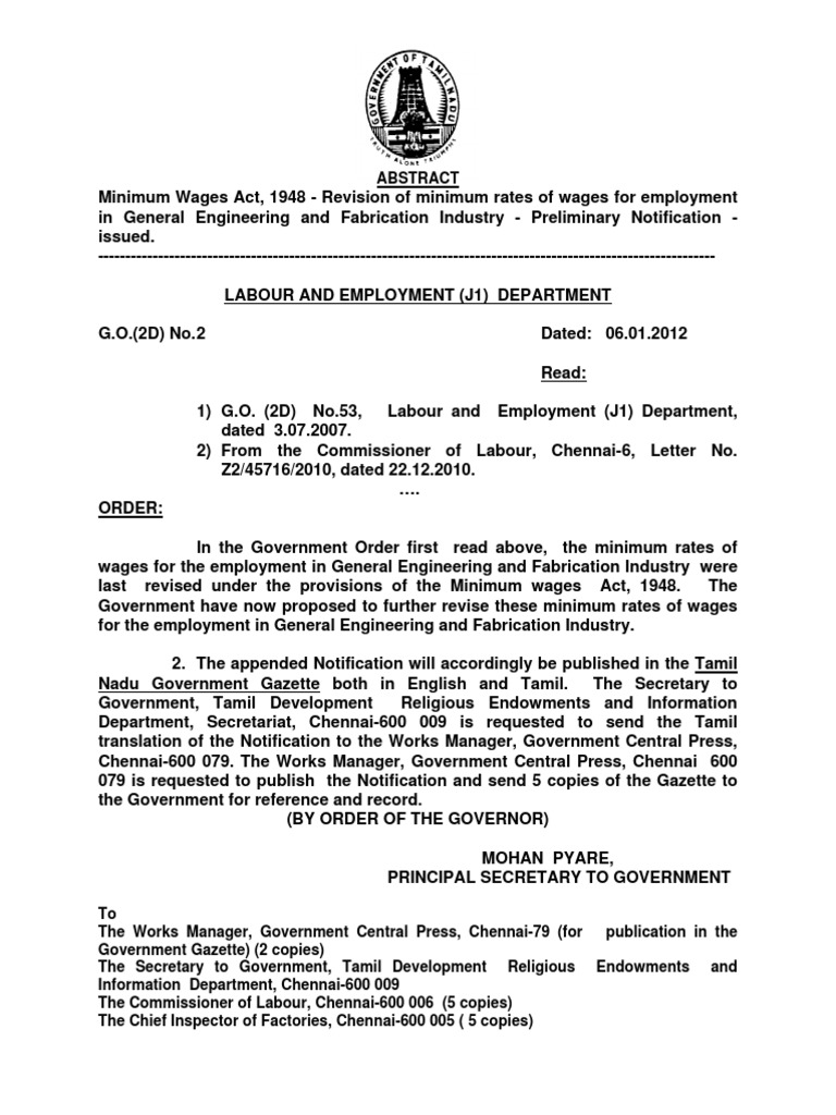 TN Minimum Wages For General Engg PDF PDF Trade Union Government