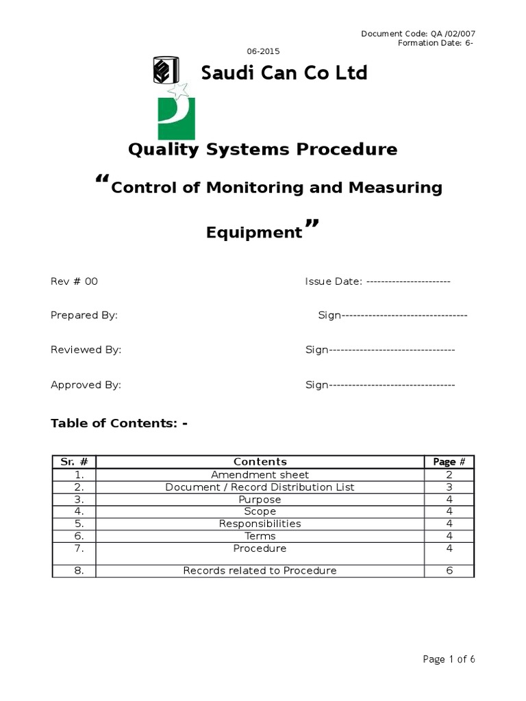 Control of Monitoring Equipment Procedure | PDF | Calibration | Quality ...
