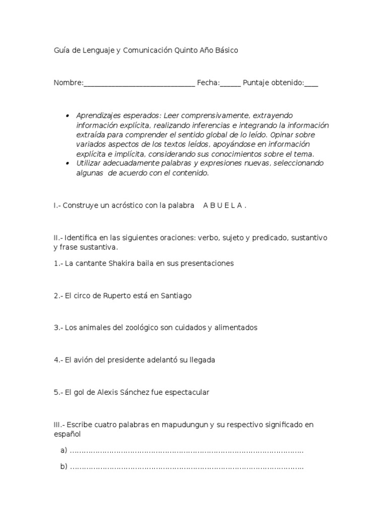 Guía de Lenguaje Quinto Básico | PDF | Estudios de idiomas extranjeros
