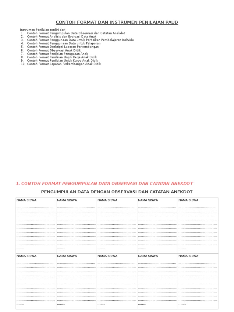 Contoh Format Evaluasi Penilaian Paud Tk Kb Tpa Sps