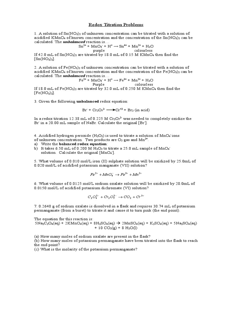 Redox Titration Problems PDF Titration Chemistry