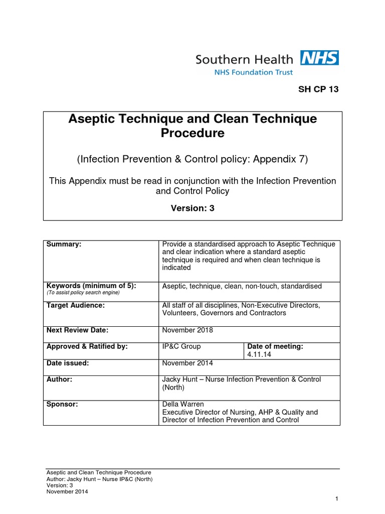 Aseptic Technique and Clean Technique Procedure V3x PDF Surgery Wound