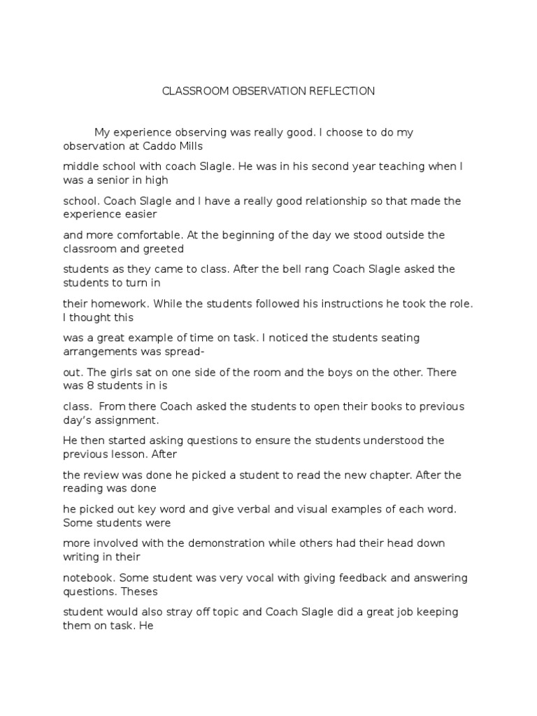 Classroom Observation Reflection PDF Homework Classroom