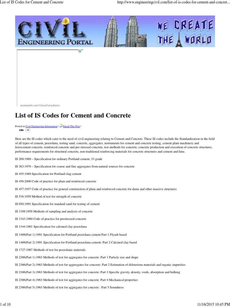 List of is Codes for Cement and Concrete Concrete Mortar (Masonry)