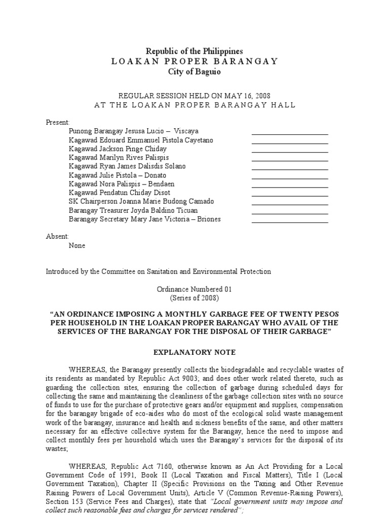 minutes sample document of meeting Barangay 2008 Waste  Municipal  Ordinance 01  Solid