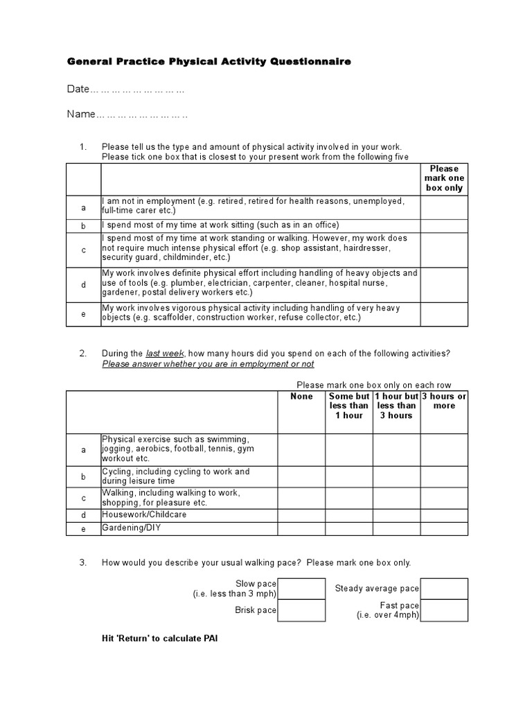 Date Name .. General Practice Physical Activity Questionnaire PDF
