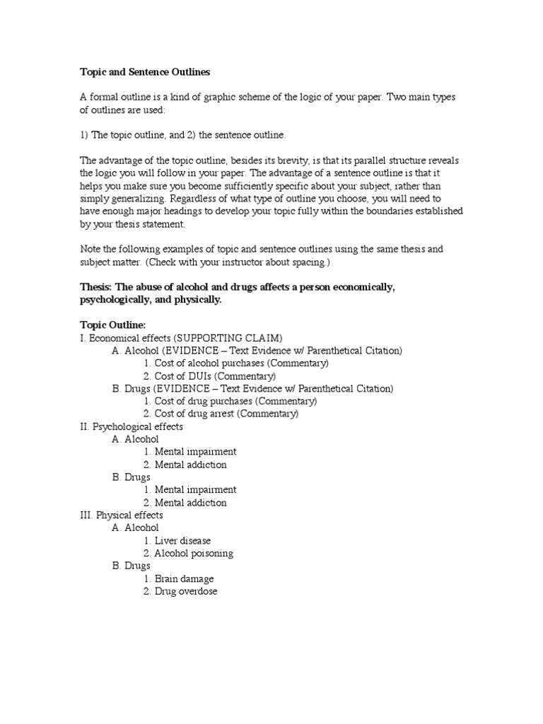 Topic And Sentence Outlines Substance Abuse Alcoholism