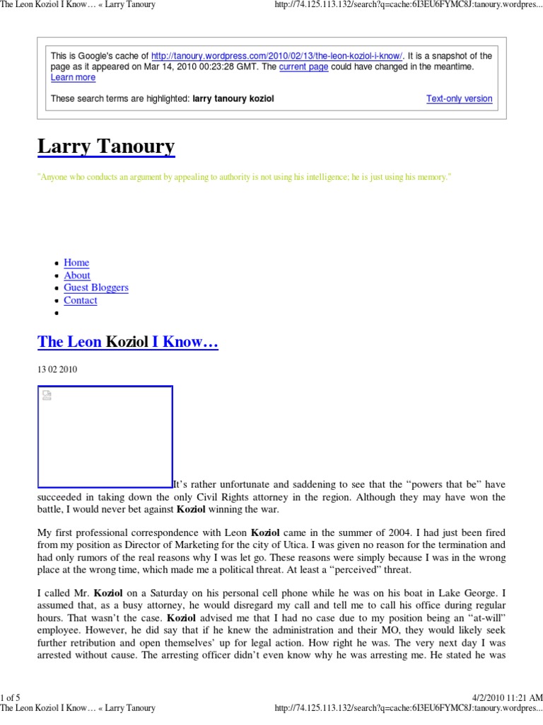2/14/2010, Larry Tanoury The Leon Koziol I Know PDF Lawsuit