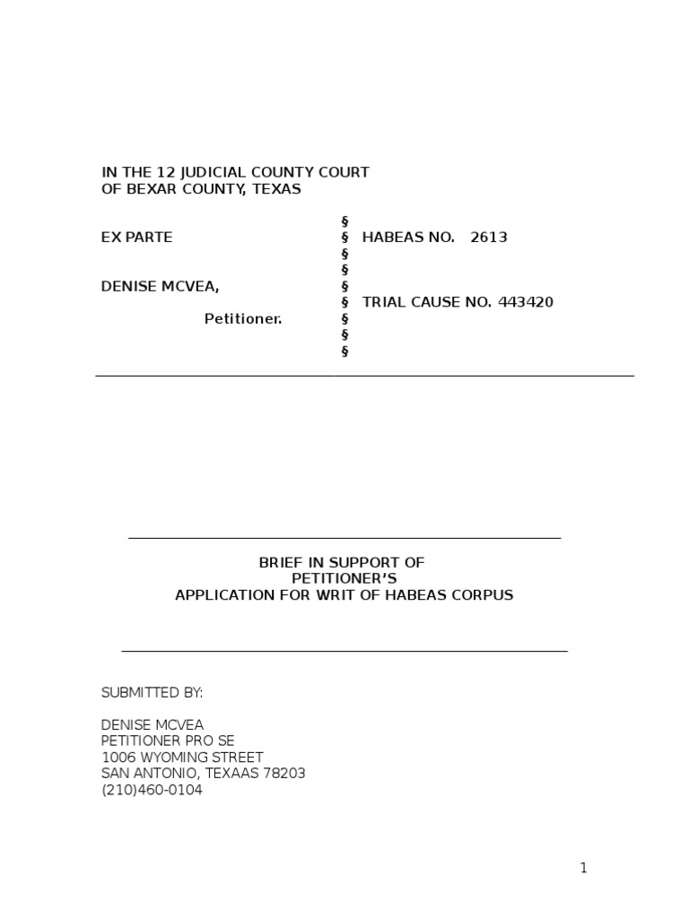 Examples Of Habeas Corpus _ Sample Petition For Writ of Habeas Corpus ...