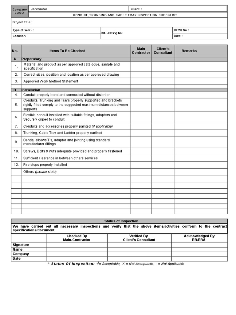 E Conduit, Trunking and Cable Tray INSPECTION CHECKLIST PDF