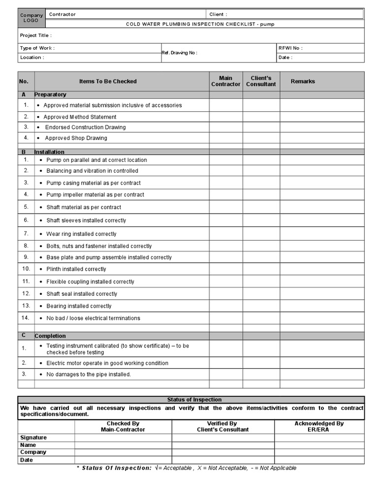 M - CW - Pump INSPECTION CHECKLIST | PDF