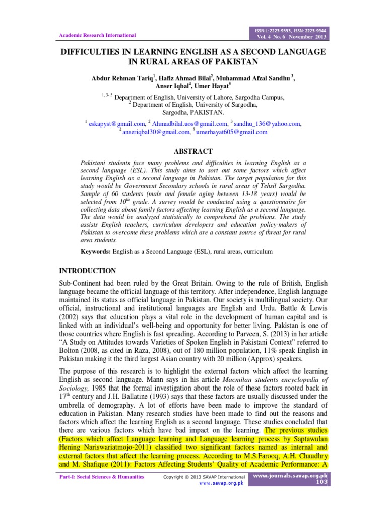 Difficulties in Learning English As A Second Language in Rural Areas of ...