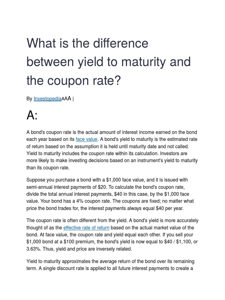 What Is The Difference Between Yield To Maturity and The Coupon Rate