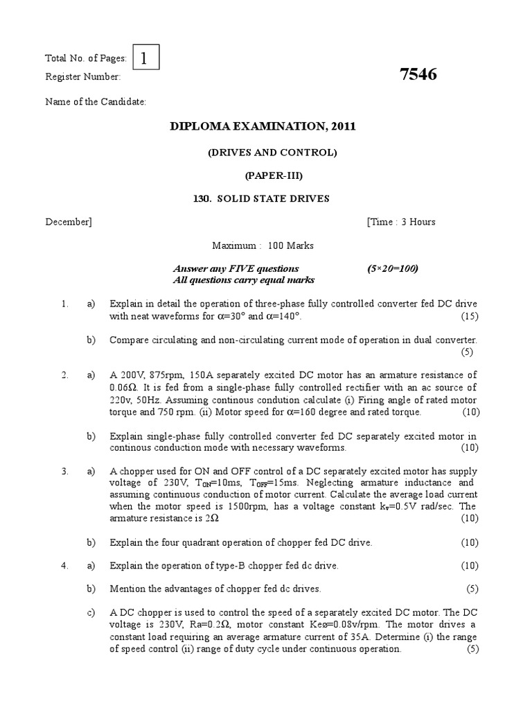 Diploma Examination, 2011 (Drives and Control) (PaperIii) 130. Solid