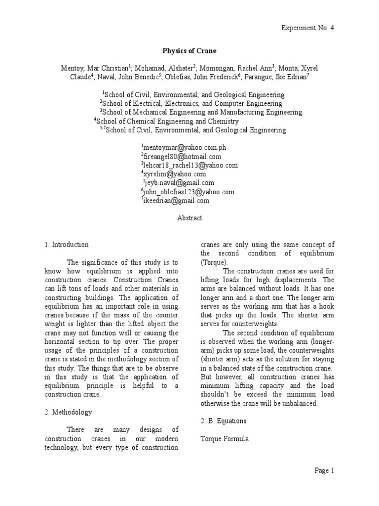 Physics Of Crane Pdf Torque Rotation Around A Fixed Axis