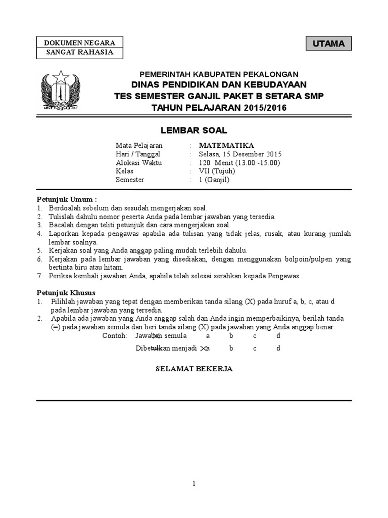 Soal Tes Semester Gasal Paket B Setara Smp Kelas Vii Matematika