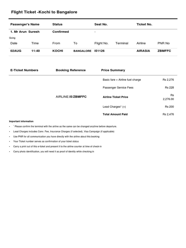 Flight Ticket Confirmation from Kochi to Bangalore for Mr. Arun Suresh