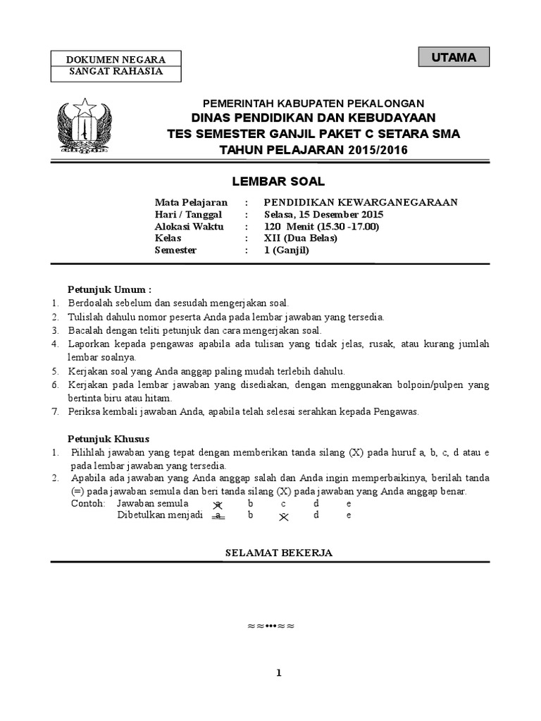 Soal Pkn Kelas Xii Semester Gasal