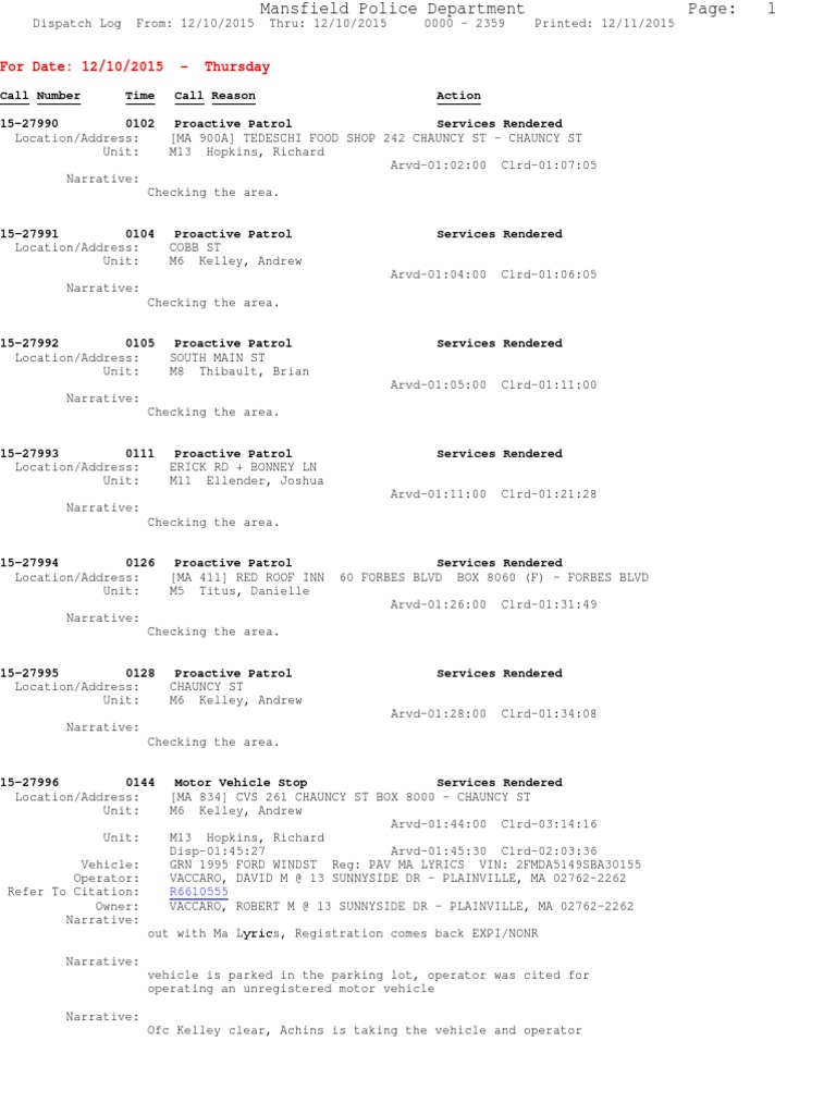Mansfield Police Dispatch Log 12/10/2015 | PDF | Automobiles | Motor ...