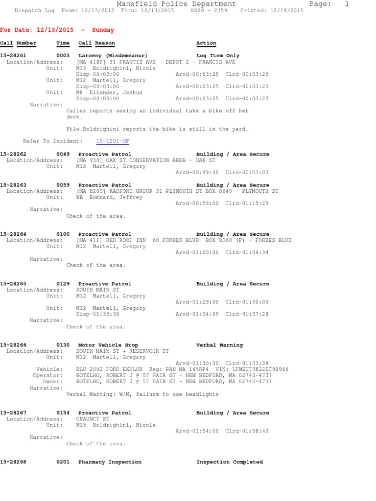 Mansfield Police Dispatch Log 12/13/15 | PDF | Automobiles | Vehicles