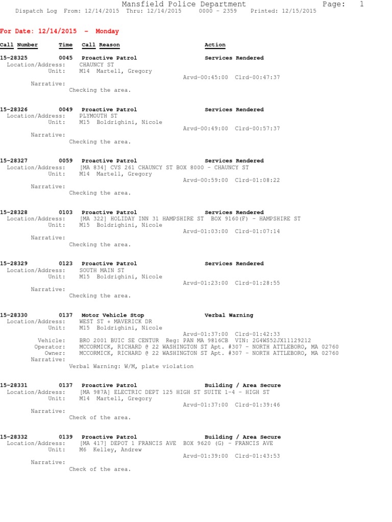 Mansfield Police Dispatch Log 12/14/2015 | PDF | Land Transport | Land ...