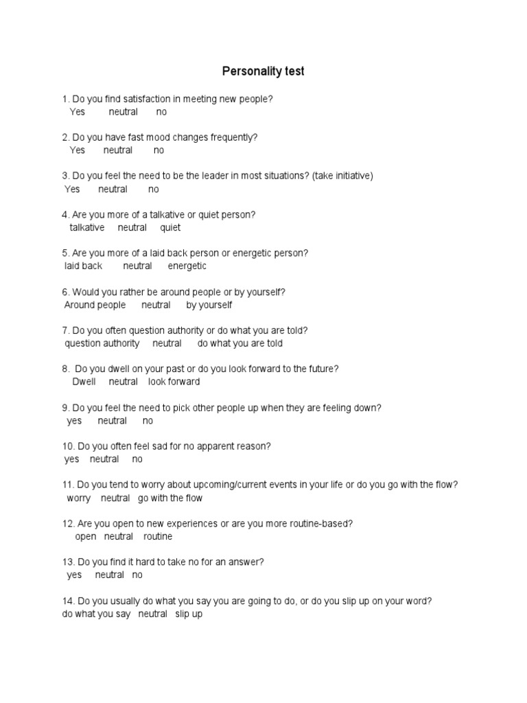 Personality Test Questionnaire | PDF