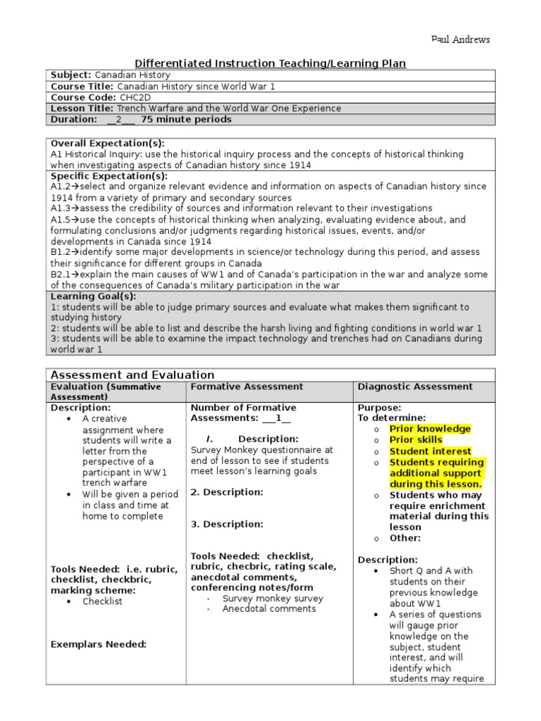 Pauls Trench Warfare Lesson Plan Educational Assessment Evaluation