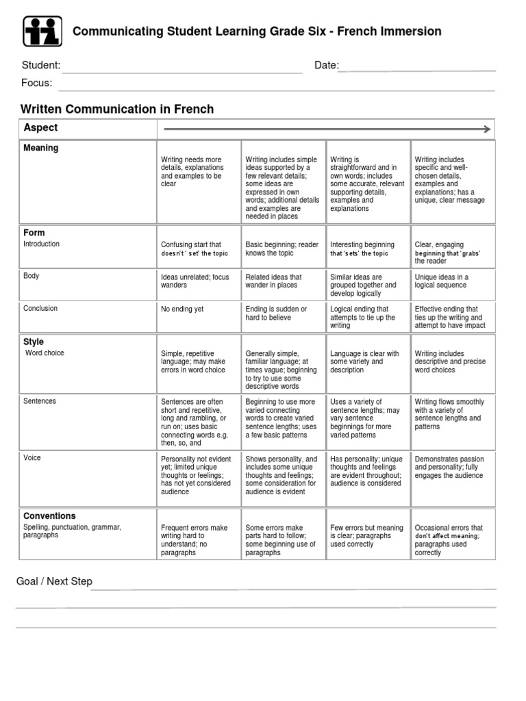 written communication in french french immersion grade 6