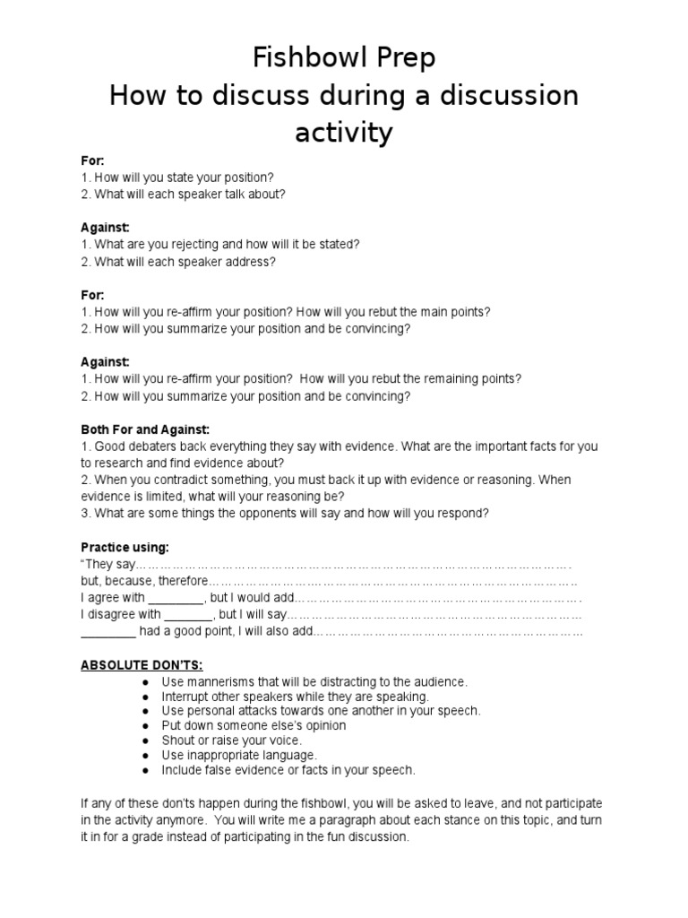 Fishbowl Prep How To Discuss During A Discussion Activity PDF