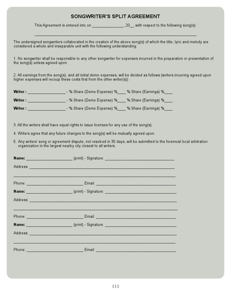 Songwriter Split Agreement Template | PDF | Songwriter | Business Law