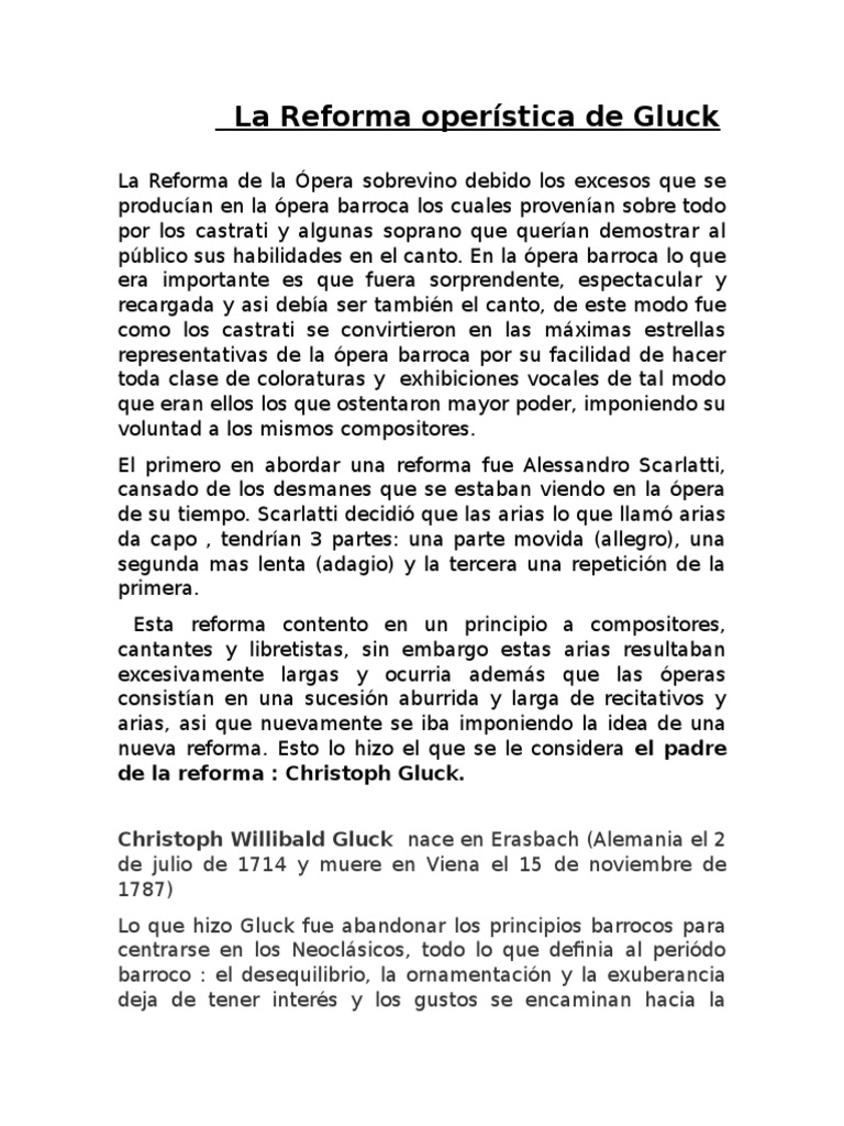 La Reforma Operistica De Gluck Opera Barroco