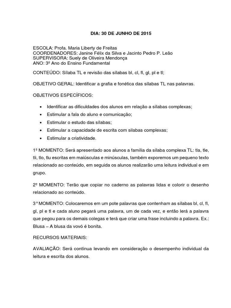 Plano de Aula - Sílaba TL e Revisão Das Sílabas BL, CL, FL, GL, PL e TL, PDF, Linguística