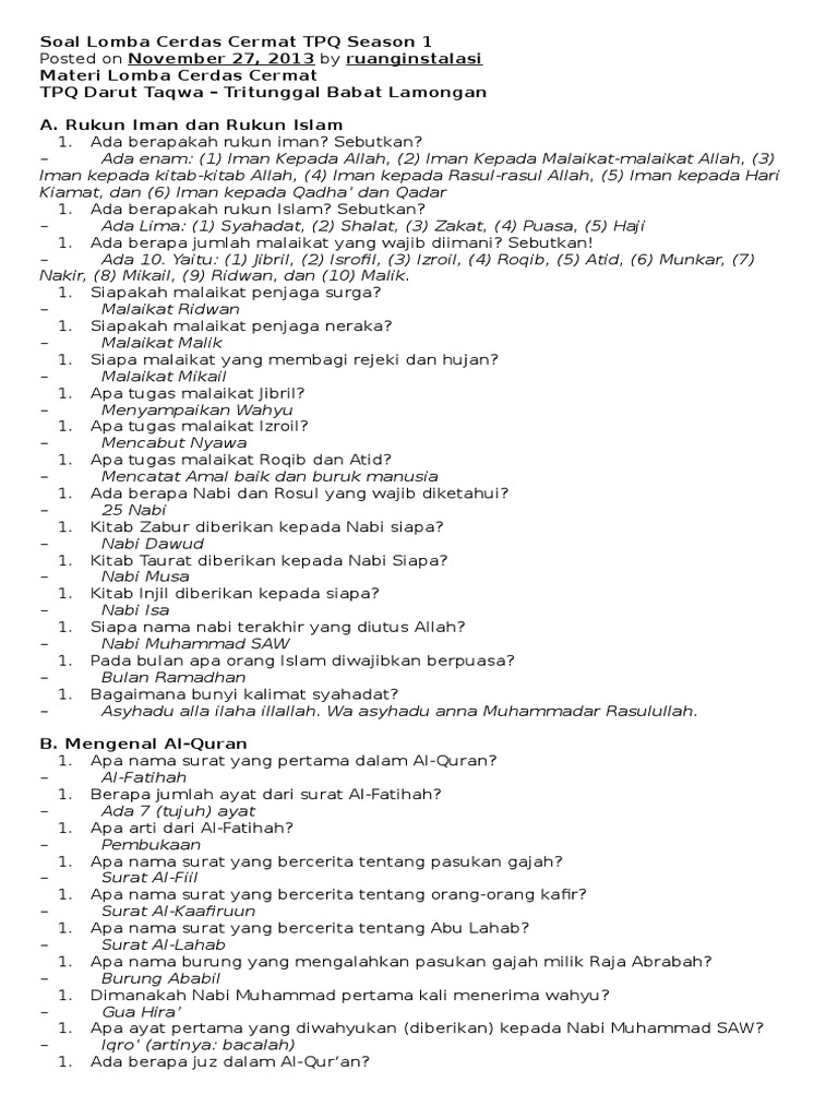 Soal Cerdas Cermat Juz 30 Guru Paud