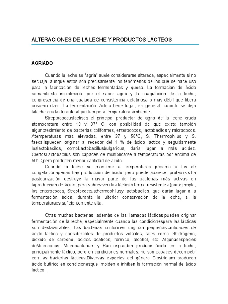 Alteraciones en la Leche y Derivados | PDF | Leche | Productos lácteos