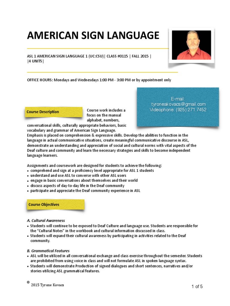 Kovacs Asl 1 Course Syllabus American Sign Language Hearing Loss