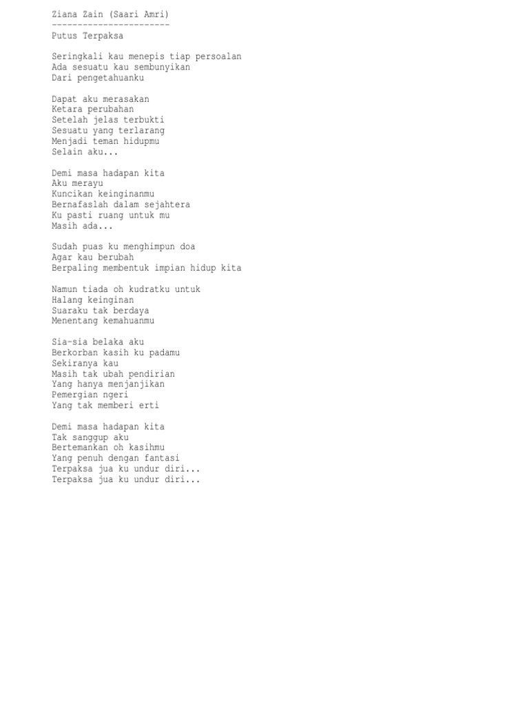 Lirik Lagu Ziana Zain Putus Terpaksa