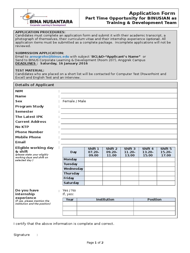 BINUSIAN Part-Time Training Application | PDF