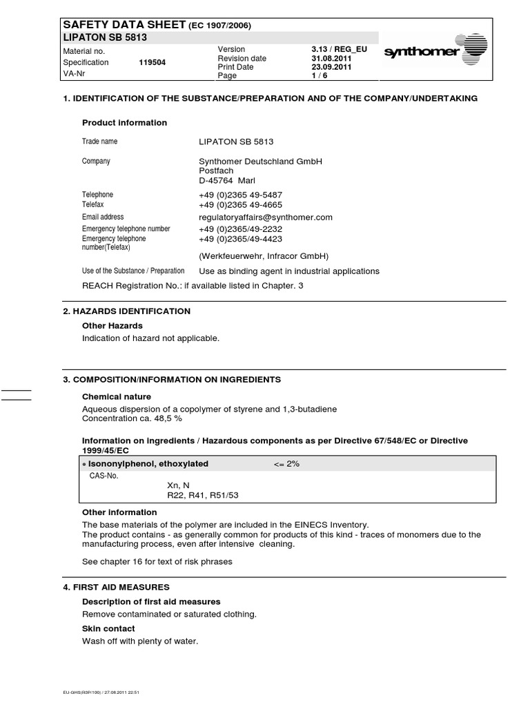 Msds Lipaton sb5813 | PDF | Dangerous Goods | Chemistry