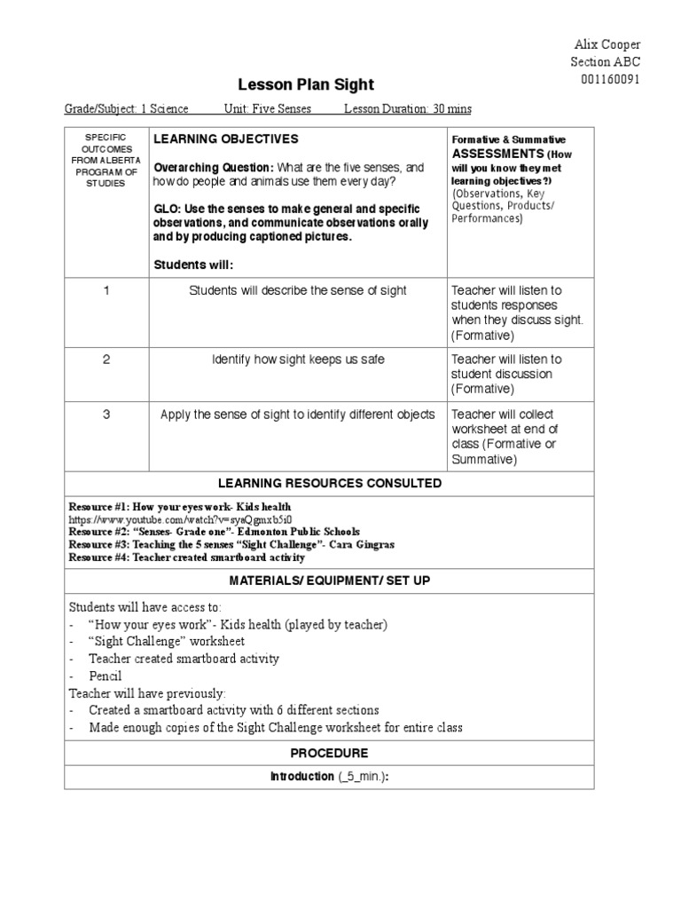 Lesson Plan Sight: Learning Objectives Assessments | PDF | Educational ...