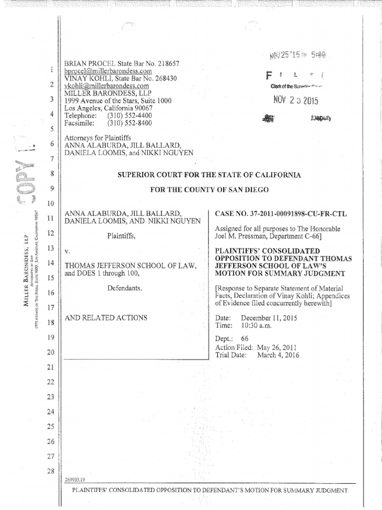 Opposition To TJSL Motion For Summary Judgment or Adjudication PDF