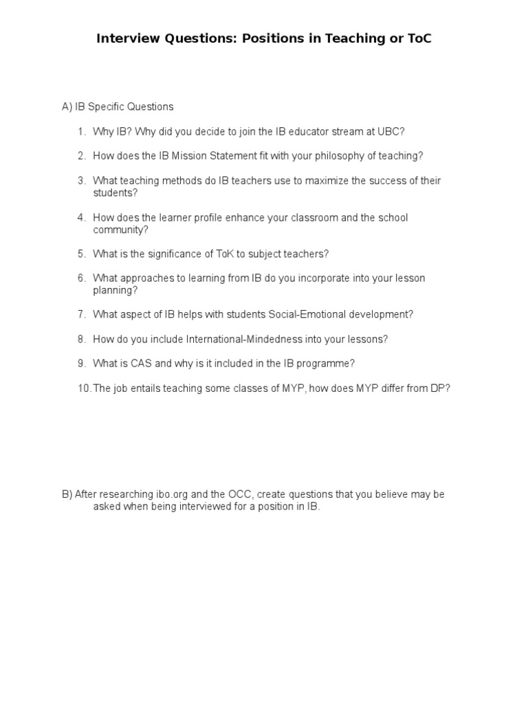 Ib Interview Questions | Download Free PDF | Teaching Method | Classroom