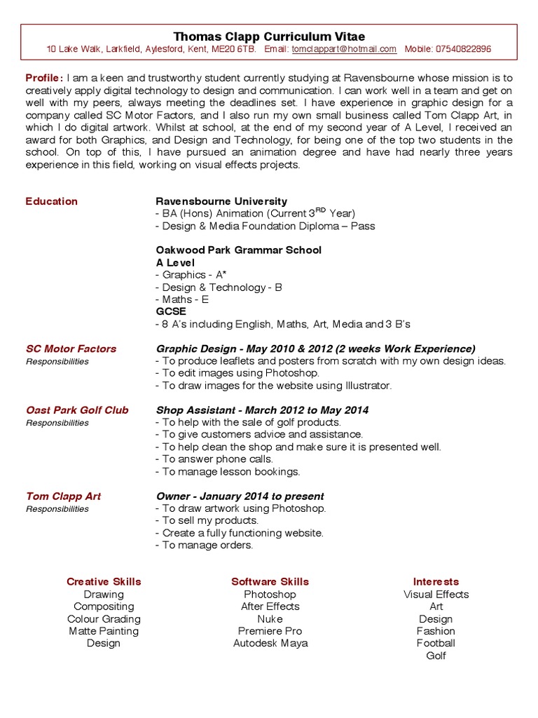 Thomas Clapp CV: Animation & Design Skills | PDF