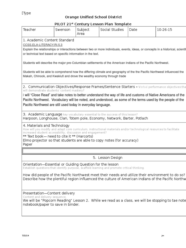 Word Pacifc Northwest Lesson | PDF | Lesson Plan | Teaching