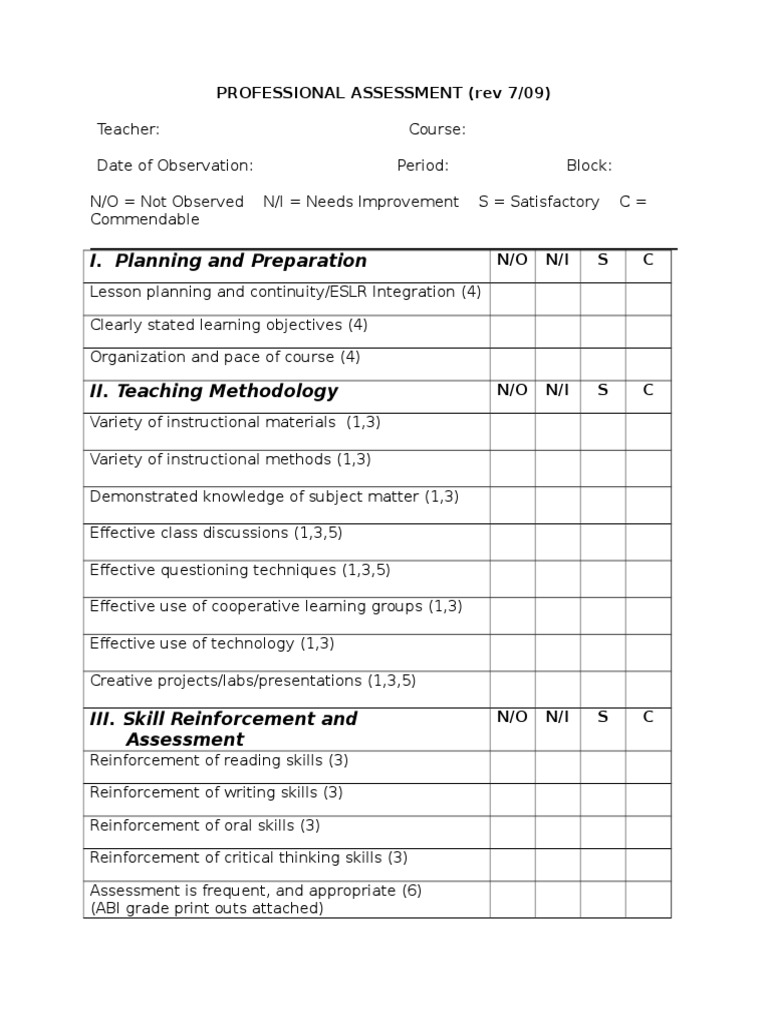 Observation Template Word Format | PDF | Classroom Management ...