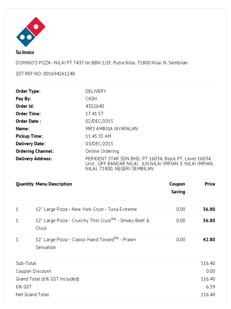 Domino's Pizza Malaysia Receipt PDF