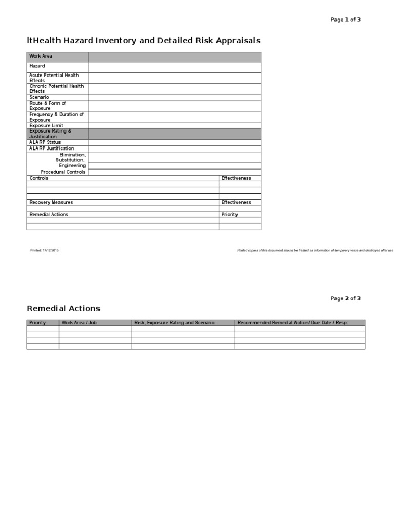 Lthealth Hazard Inventory and Detailed Risk Appraisals: Page 1 of 3 | PDF