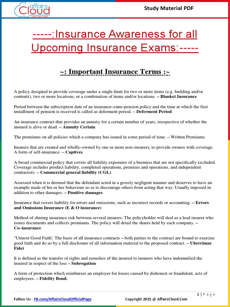 Insurance Awareness Study Material PDF | PDF | Professional Liability ...